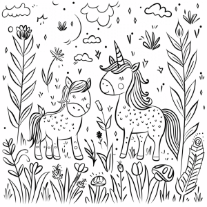 Unicorn and enchanted forest animals - Enchanted unicorn and forest animals coloring page