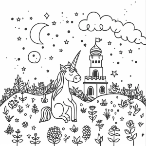 Unicorn and enchanted garden at night - Unicorn in the moonlight: a picturesque adventure