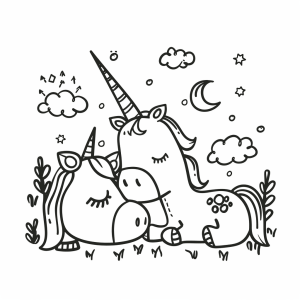 Unicorn and fairies - Enchanting unicorn with fairy friends to color in