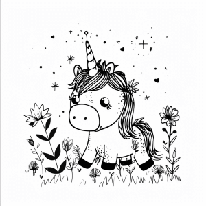 Unicorn and glowing mushrooms - Magical unicorn and starry night coloring page