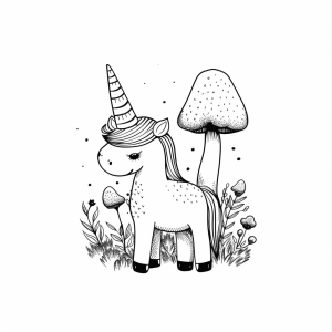 Unicorn and glowing mushrooms - Magical unicorn and mushrooms to color in