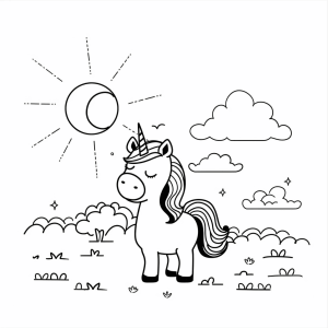 Unicorn and golden sunrise - Unicorn in the morning light coloring page