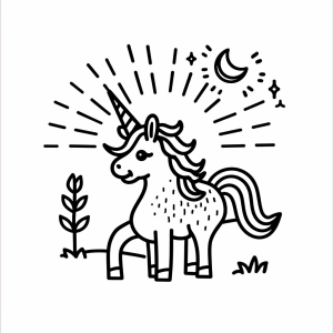 Unicorn and golden sunrise - Unicorn magic at sunrise coloring page