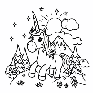 Unicorn and icy mountain - Magical unicorn in front of icebergs coloring page