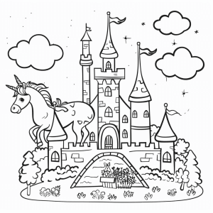 Unicorn and magic castle - Magical unicorn and magic castle coloring page