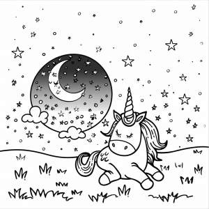 Unicorn and ocean at night - Magical unicorn in starry night coloring page