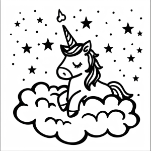 Unicorn and pearly clouds - Unicorn on mother-of-pearl clouds coloring page