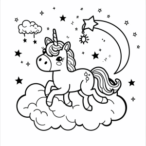 Unicorn and pearly clouds - Magical unicorn on clouds coloring page