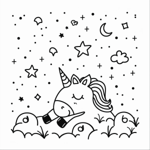 Unicorn and pink sky - Unicorn in a starry sky coloring page