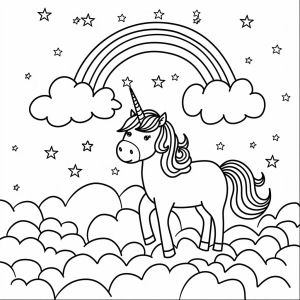 Unicorn and pink sky - Magical unicorn coloring picture with pink sky