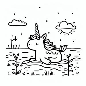 Unicorn and shimmering lagoon - Unicorn in the lagoon coloring page