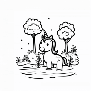 Unicorn and shimmering lagoon - Unicorn in the lagoon coloring page