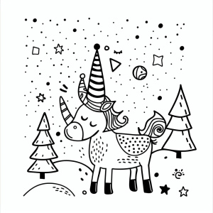 Unicorn and sparkling snowstorm - Unicorn in winter magic - Kids coloring picture