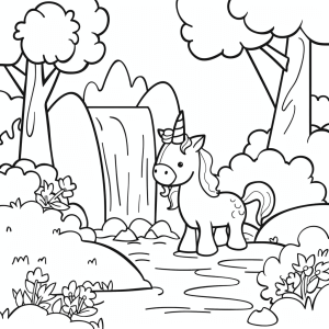 Unicorn at the waterfall - Magical unicorn at the waterfall - coloring page