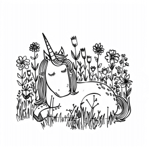 Unicorn in a field full of flowers - Unicorn in a sea of flowers to color in