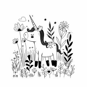 Unicorn in a field full of flowers - Unicorn in a field of flowers - coloring page for children