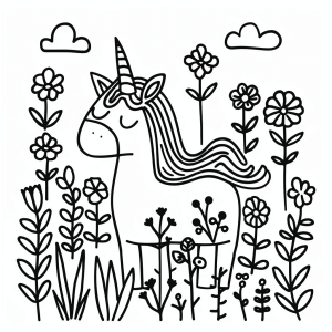 Unicorn in a field full of flowers - Unicorn in a field of flowers coloring page