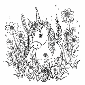 Unicorn in a field full of flowers - Unicorn in a sea of flowers coloring page