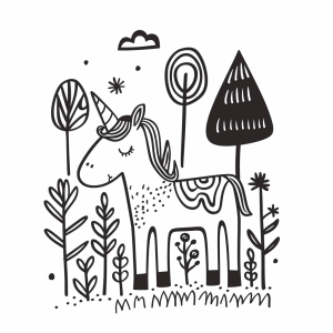 Unicorn in the autumn forest - Magical unicorn coloring page in the autumn forest