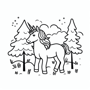 Unicorn in the forest - Unicorn enchanted forest coloring page