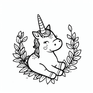 Unicorn with shimmering fur - Unicorn in a wreath of leaves - coloring page