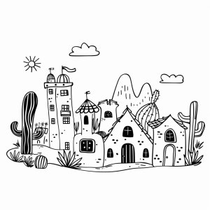 Western town at dawn - Western town at dawn coloring page